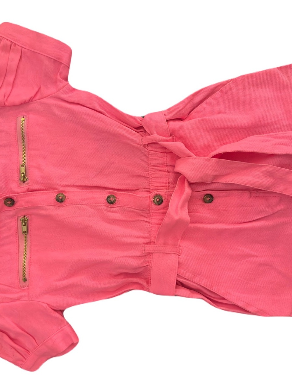 Pink Short-Sleeve Button Front Short Jumpsuit with Tie Waist